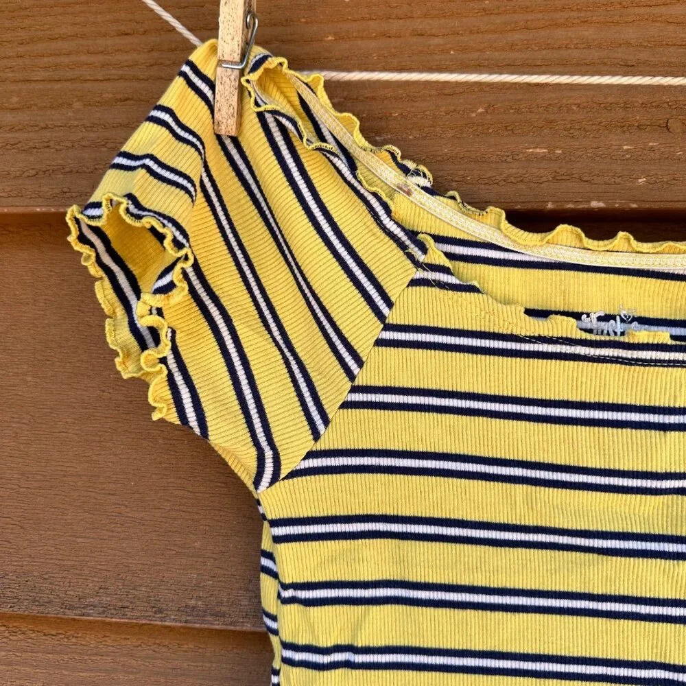 Justice Girls Yellow & Navy Striped Ribbed Top Lettuce Trim Short Sleeve Size 12